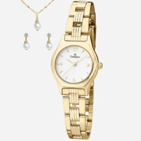 Kit Relógio Analógico Aço Champion Dourado