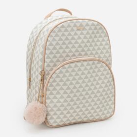 Mochila Grande com Pompom e Estampa Triângulo Off White