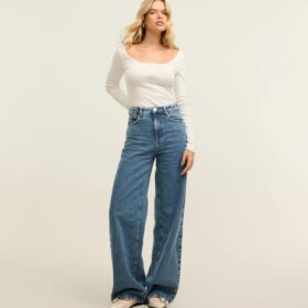 Calça Wide Leg Jeans com Cintura Alta e Pespontos Contrastantes Azul